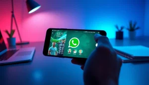 GB WhatsApp interface on a modern smartphone in a stylish workspace highlighting customization features.