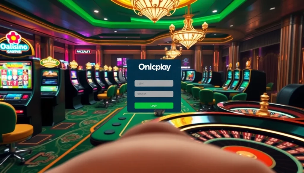 Capture the essence of Onicplay login with vibrant casino visuals including slot machines, tables, and exciting gameplay.