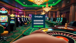 Capture the essence of Onicplay login with vibrant casino visuals including slot machines, tables, and exciting gameplay.
