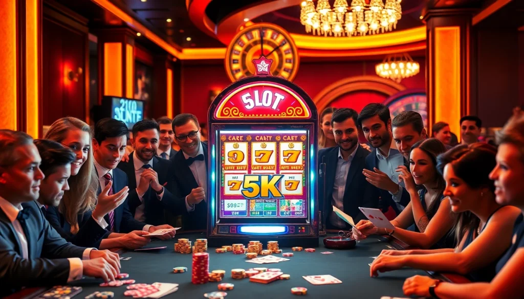 Pemain menikmati permainan 'Slot Depo 5k' di tempat kasino yang hidup, menampilkan kegembiraan dan strategi.