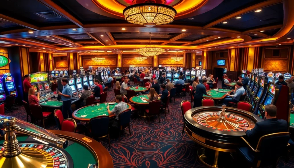 B52club gaming room filled with players engaged in poker and slots, showcasing casino excitement.