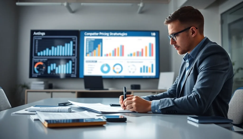 Find competitor pricing by analyzing charts and reports in a modern office setting.