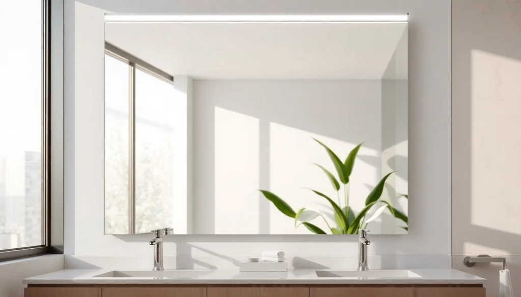 Stylish bathroom mirror with LED light enhancing modern decor and bright ambiance.