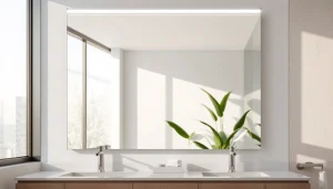 Stylish bathroom mirror with LED light enhancing modern decor and bright ambiance.