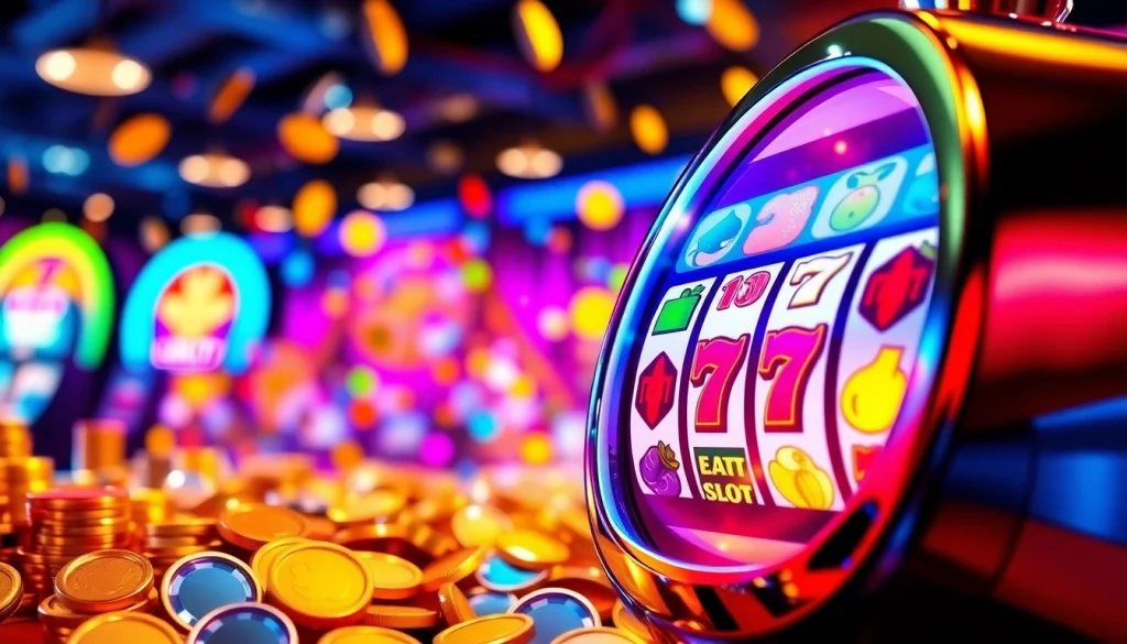 Slot depo 1k menarik dengan mesin slot berwarna-warni dikelilingi koin dan token.