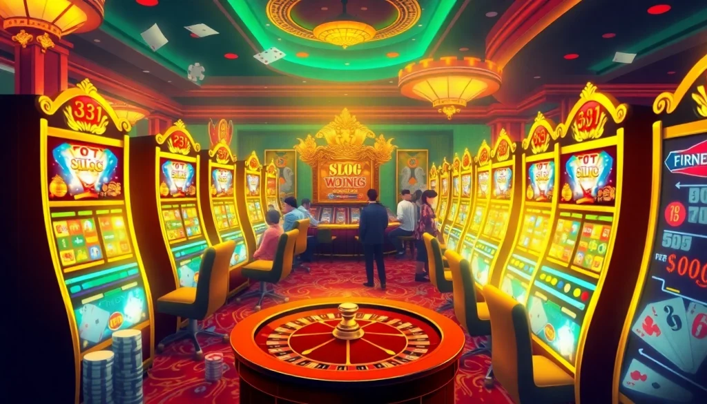 Engaging scene of slot deposit pulsa games with vibrant machines and casino elements in a luxurious setting.