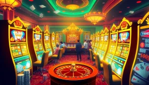 Engaging scene of slot deposit pulsa games with vibrant machines and casino elements in a luxurious setting.