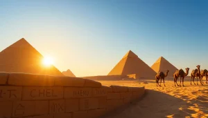 Pyraminds standing majestically under warm sunrise, showcasing textures and historical significance.