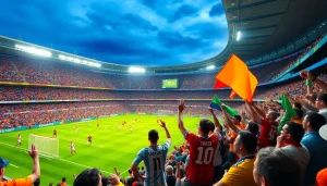 مباراة كرة قدم عبر Kora Live مع جماهير متحمسة في أجواء استاد نابضة بالحيوية.