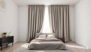 Verduisterende gordijnen creëren een rustige sfeer in een moderne slaapkamer.