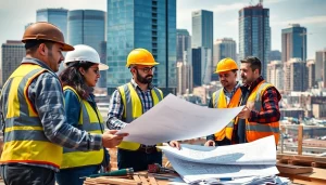 Construction association Denver teamwork on a high-rise project with blueprints and skyline.