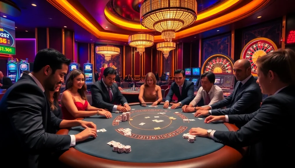 Man88 gamblers enjoying an intense poker game in a luxurious casino setting.