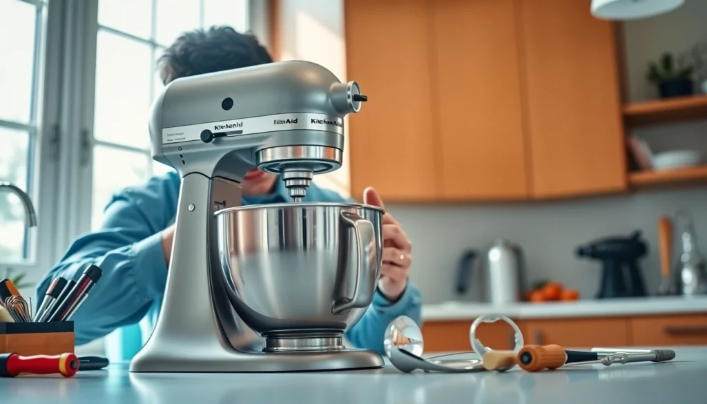 Expert performing kitchenaid appliance repair ottawa in a bright kitchen setting.