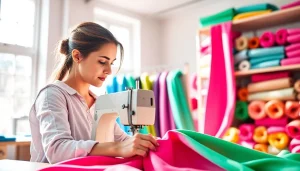 Creëren met stretch stof in een heldere werkplaats, kleurrijke stoffen om haar heen.