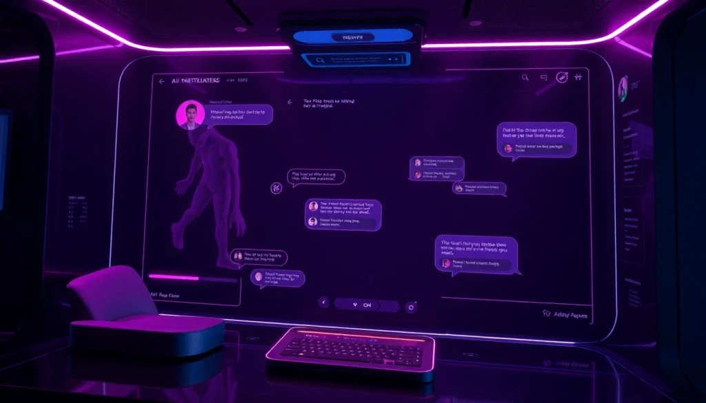 Futuristic NSFW AI platform showcasing immersive chat features with avatars.