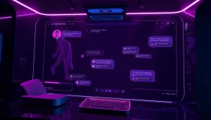 Futuristic NSFW AI platform showcasing immersive chat features with avatars.