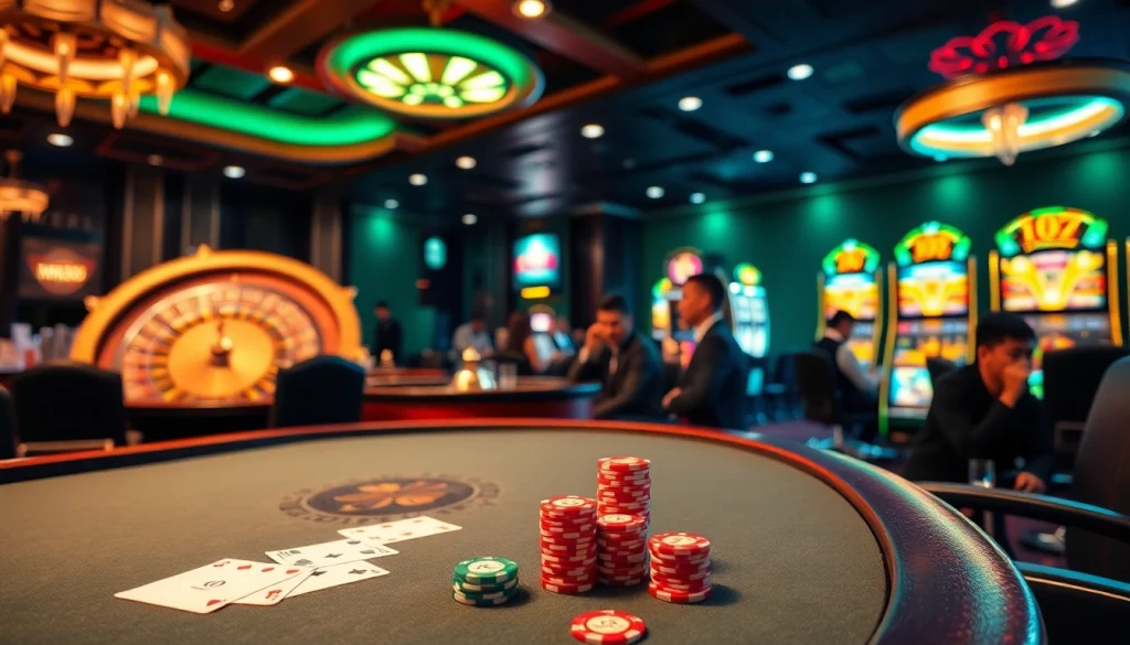 Players enjoying an exciting card game at MM88 Casino, showcasing vibrant chips and an inviting atmosphere.