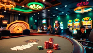 Players enjoying an exciting card game at MM88 Casino, showcasing vibrant chips and an inviting atmosphere.