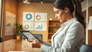 Analyze data and Find competitor customer list with a businesswoman in a modern office.