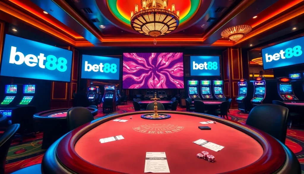 Bet88 casino scene with poker players, roulette, and vibrant slot machines.