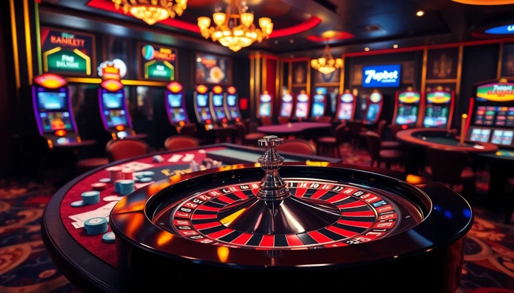 7upbet offers an exciting casino atmosphere with vibrant poker tables and slot machines.