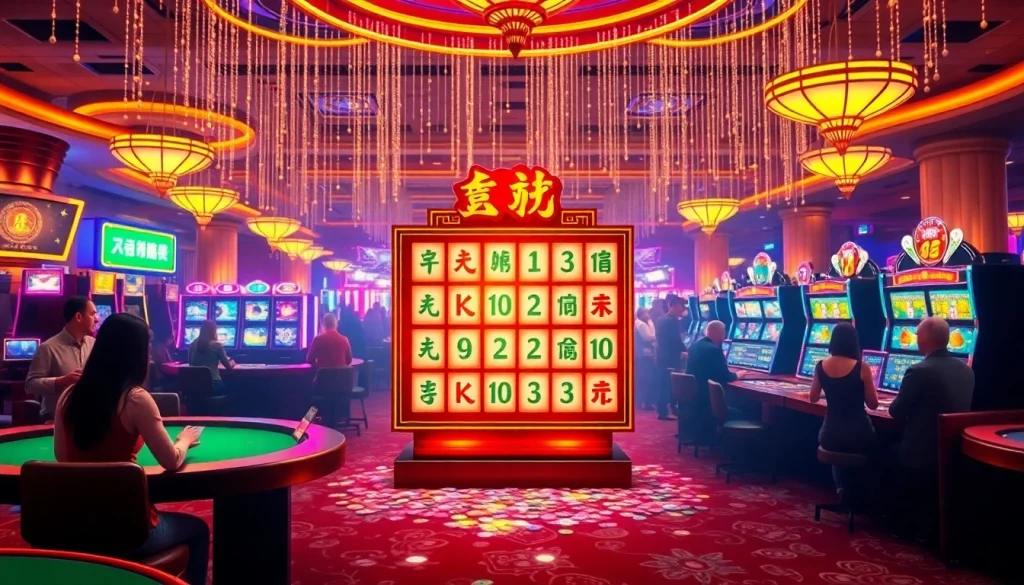 A thrilling scene of players enjoying Mahjong Ways 2 slot machines amidst vibrant casino lights and action.