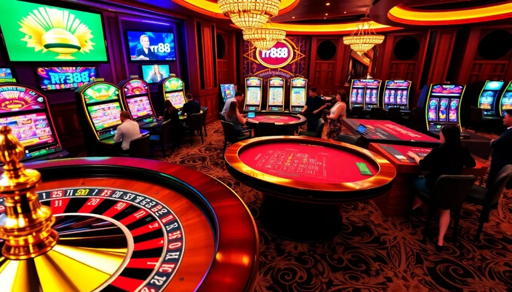 Exciting gameplay at RR88 link featuring poker tables and dynamic slot machines in a modern casino setting.