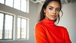 Spandex kopen: elegante mannequin toont kleurrijke spandex in een moderne studio.