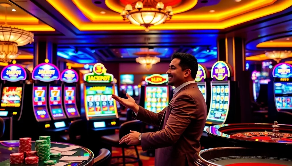 Pemain yang sedang menikmati permainan slot deposit pulsa dalam suasana kasino yang meriah.