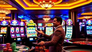 Pemain yang sedang menikmati permainan slot deposit pulsa dalam suasana kasino yang meriah.