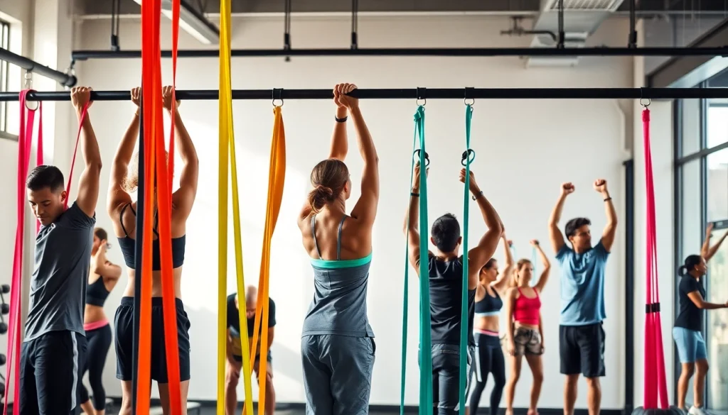 Pull-up assist bands in use by diverse individuals in an active gym, showcasing strength and versatility.