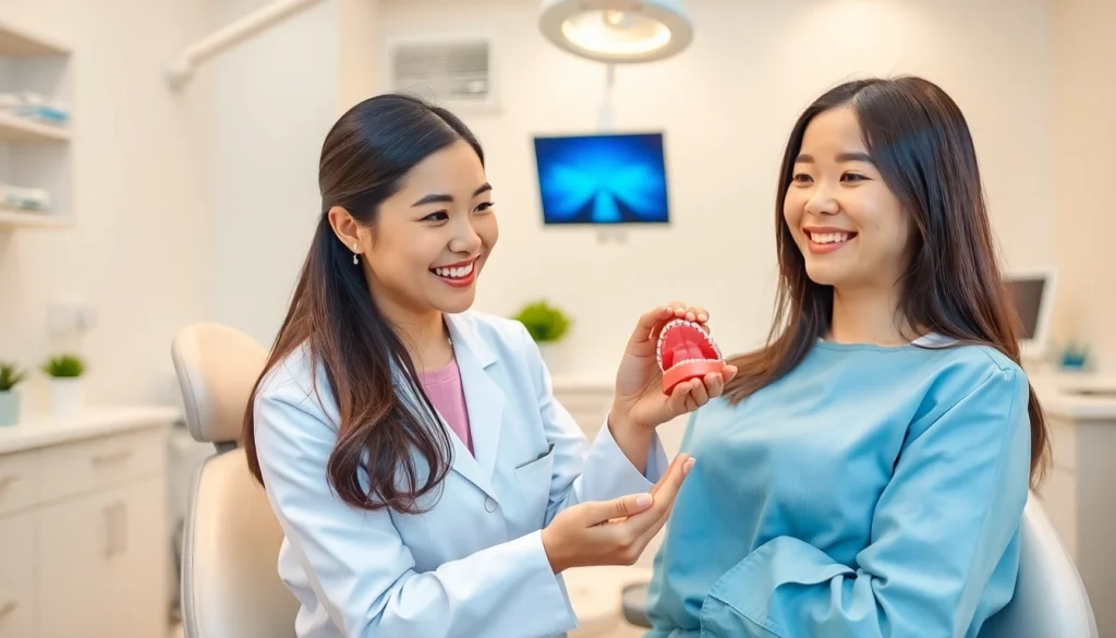 We Smile (ウィスマイル矯正) orthodontist showing clear aligners to a patient in a modern clinic, highlighting positive reviews (口コミ).