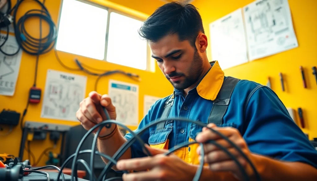 Engaged electrician apprenticeship hawaii trainee working on electrical tools in a bright workshop.