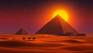 Explore the majestic pyramids showcasing their grandeur beneath a starry sky.