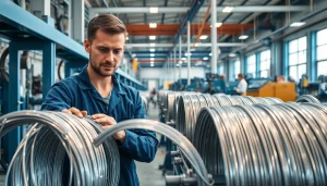 Wire Manufacturer inspecting coils in a bright manufacturing facility.