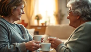 Engaging scene of austin senior home care with caregivers assisting elderly clients in a warm environment.