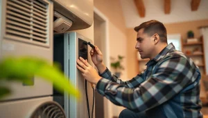 Technician performing heating repair south salem in a warm living room.