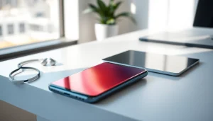Stunning visual of a Samsung S8 smartphone on a modern desk, showcasing its vibrant edge-to-edge display.