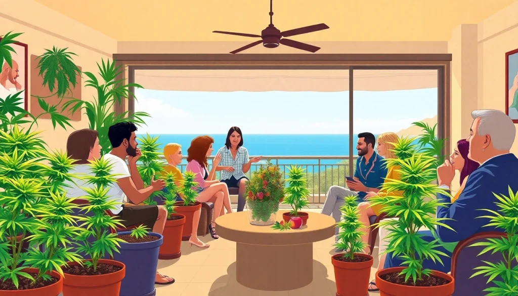 Grupo en la Asociación de cannabis Lloret de Mar disfrutando de un ambiente relajado.