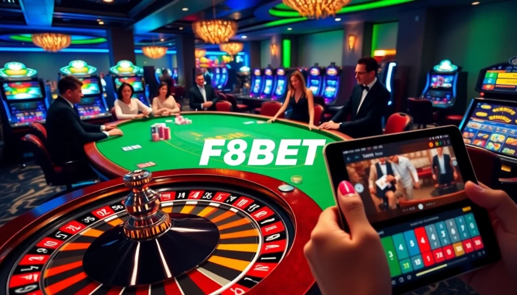 Players winning at F8BET while enjoying blackjack and roulette in a vibrant casino atmosphere.