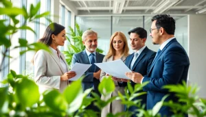 Engaged team at an environmental law firm discussing sustainable practices in a modern office.