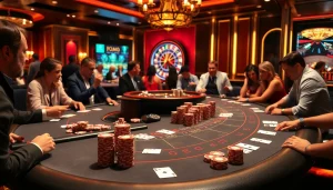 S8 casino players enjoying blackjack at a luxurious table, showcasing excitement and strategy.