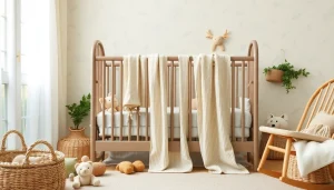 Voorkeursribcord katoen beddengoed in een gezellig babybedje in een lichte kamer.