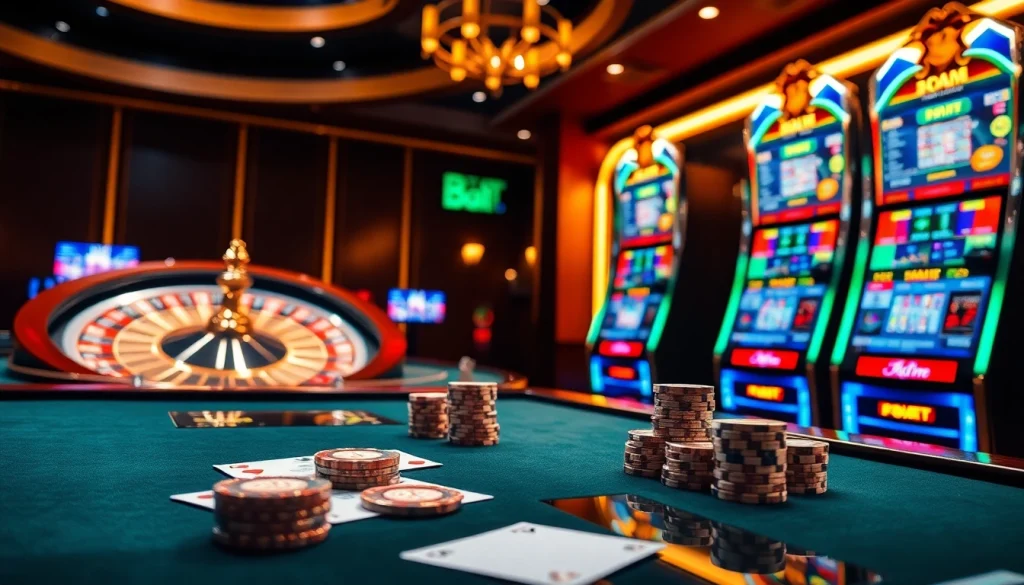 Sbobet login interface showcased on elegant casino tables with vibrant slot machines and roulette wheels.