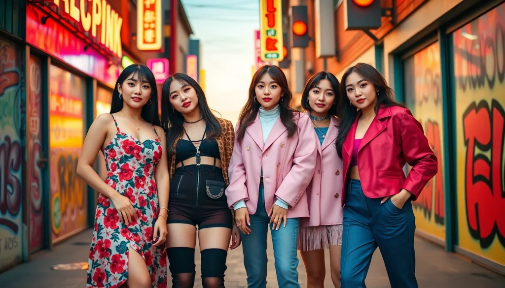 BLACKPINK members showcasing their unique styles and personalities in a vibrant urban setting.