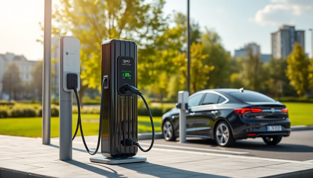 Showcase of QIAO EV charger at a public charging station with an electric vehicle plugged in.