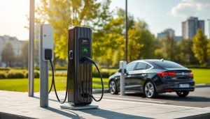 Showcase of QIAO EV charger at a public charging station with an electric vehicle plugged in.