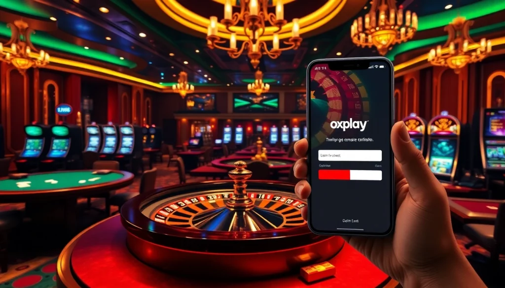 Experience the excitement of oxplay login amidst luxurious casino elements and vibrant gaming action.