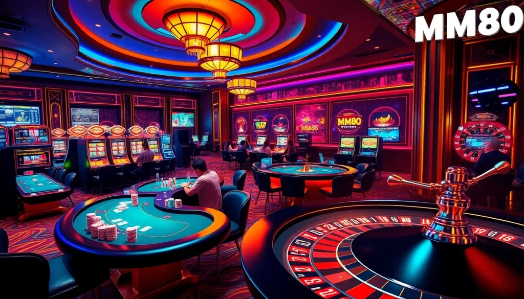 Experience the thrill of MM88 in an elegant casino with poker tables, vibrant slot machines, and exciting gameplay.