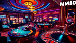 Experience the thrill of MM88 in an elegant casino with poker tables, vibrant slot machines, and exciting gameplay.